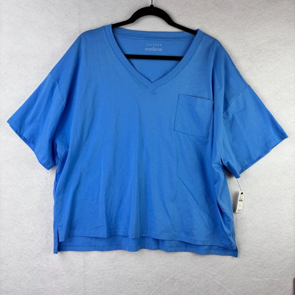 Talbots Womens XL V-Neck T Shirt Front Pocket Blue Short Sleeve 100% Pima cotton